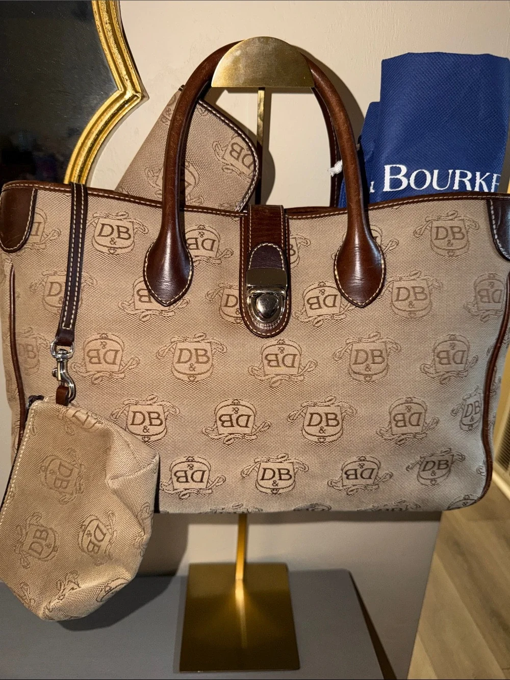 Dooney & Bourke Tan Canvas Messenger Bag with Brown Leather Trim
